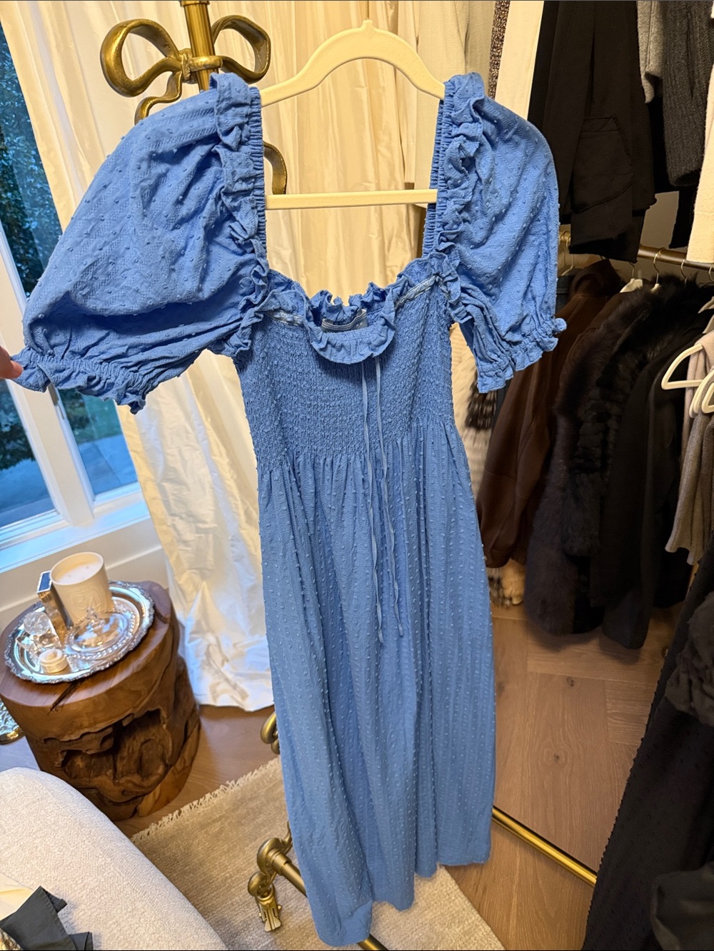 Hill House Home Swiss Dot Blue Smocked Midi Dress with Puff Sleeves